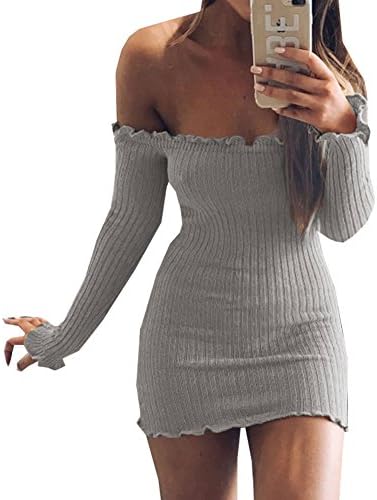 QUNNDY Women Long Sleeve Sexy Off Shoulder Club Dress Slim Bodycon Knitted Sweater Mini Party Night Dresses Vestidos (S, Gray)
