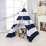 e-joy 6' Indoor Indian Playhouse Toy Teepee Play Tent for Kids Toddlers Canvas Teepee with Carry Case with Mat (Blue Stripe)