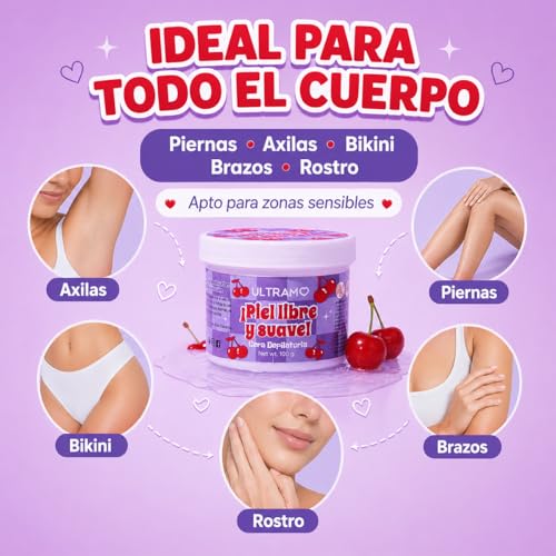 ULTRAMO Cera Depilatoria Suave 1pzs | Depilacion Sin Dolor, Facil Dne Calentar Que Deja La Piel Limpia Y Suave, Para Cuerpo Completo Y Areas Sensibles, 100g (Cereza)