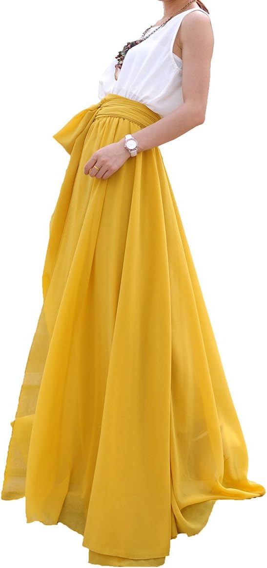MELANSAY Women's Beatiful Bow Tie Summer Beach Chiffon High Waist Maxi Skirt