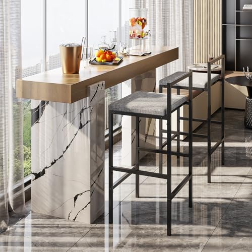 SIMPLE HOGAR Bancos para Barra, Juego de 2 Taburetes de Bar, Bancos para Barra de Cocina de Madera de Hierro y Tela. (Negro + Gris)