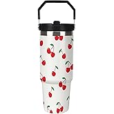 TOUNHEYA Cherry Tumbler with Handle Flip Straw Fruit 30oz Insulated Stainless Steel Cup Cute Travel Coffee Mug Water Bottle for Women
