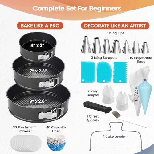 RFAQK Cake Tins for Baking 100 Pcs Springform Cake Tins Kit Includes 3 Round Non-Stick Cake Pan (4,7,9 inches Baking Tins)-Piping Bags and Nozzles-Leveler–Leak Proof Cheesecake Tin-Bakeware & EBook…