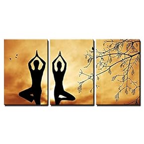 3 Piece Canvas Wall Art - Couple Doing Yoga - Modern Home Art Stretched and Framed Ready to Hang - 16"x24"x3 Panels