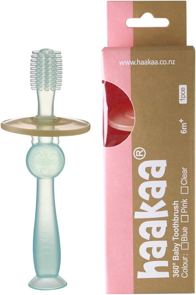 haakaa 360° Silicone Baby Toothbrush Teether with Suction Base Infant Toothbrush Training Massage Teether for Baby,1pc (Blue)