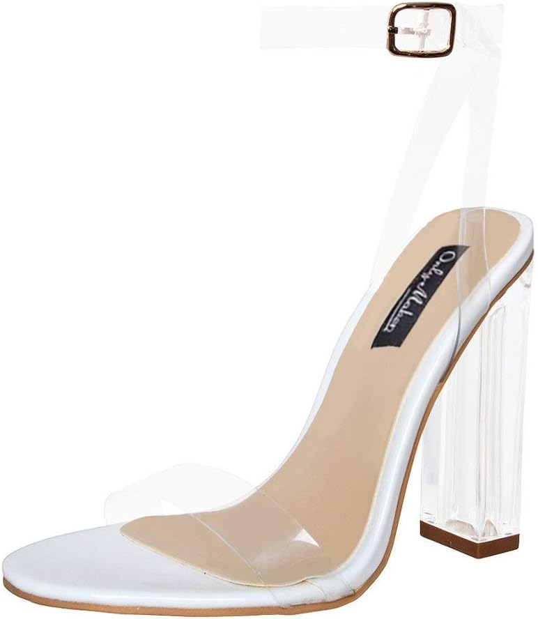 Onlymaker Women's Lucite Clear Ankle Strap Adjustable Buckle Block Chunky Perspex High Heel Transparent Dress Sandals