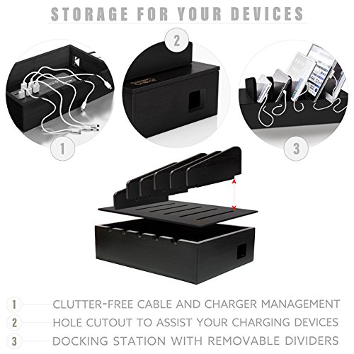 Prosumer's Choice Charging Station for Multiple Devices - 5 Device Charger Organizer for Smartphones and Tablets - Wooden Rack with Removable Dividers - Charging Dock for Work from Home - Black