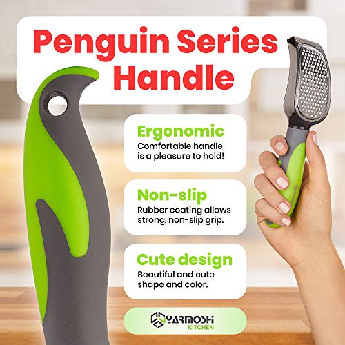 Yarmoshi lemon zester Ginger Grater for Garlic, Nutmeg, Chocolate, Lemon Zest and More. Stainless Steel Blade. Ergonomic Penguin Handle with Non-Slip Rubber Coating for Easy Grip. Dishwasher Safe