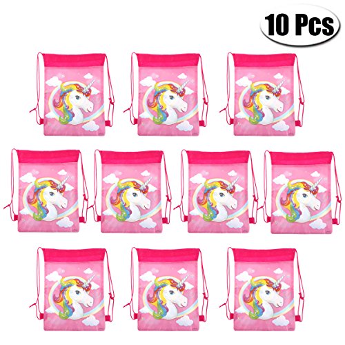 Mcree Rainbow Unicorn Drawstring Bags Bulk With Rainbows Stars For Kids Boys Girls Birthday Party Supplies Favor Candy Chocolate Package Bags (10 Pcs)