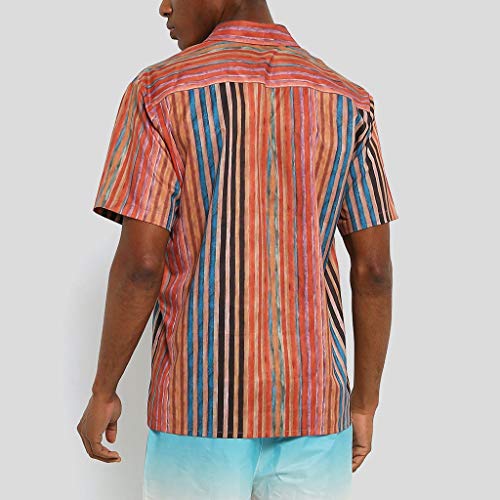 Mens Short Sleeve Shirts Button Down Striped Beach Summer Tops Lightweight Fashion Tees Spread Collar T-Shirt Blouse (Red, XXXL)