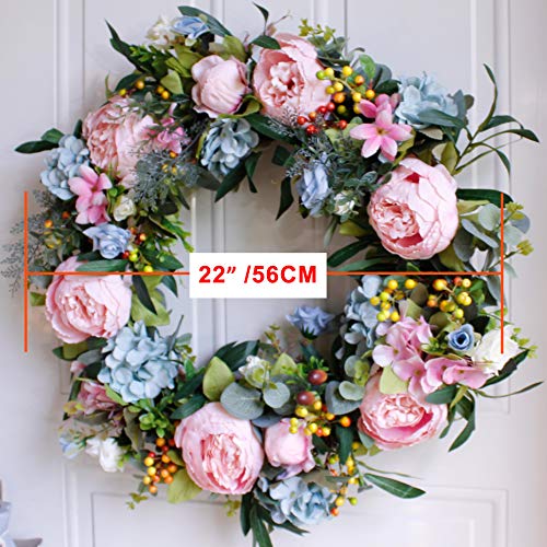 SKOLOO Peony Flower Wreaths for Front Door, Large Blooming Peonies Hydrangea Wreath with Berry Greenery, Artificial Spring Garland Wreath for Home Wall Decor