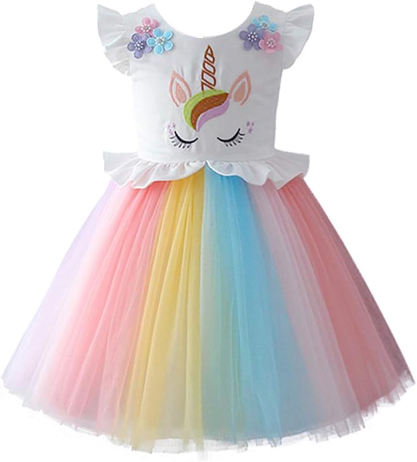 Kids Girls Unicorn Party Costume Sleeveless with Flower Headband Princess Dress Colorful Rainbow Tutu Skirt for Festival Birthday Pageant Carnival Halloween Photo Shoot 12 Months-8 Years