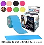 Blue MUSCLE FIX Support Athletic Sports Injury Recovery Kinesiology Therapy Tape Pre Cut KT PRO Kinesio Roll (20 Strips 10 in X 2 In / 25 cm x 5 cm) for Shoulder Neck Lower Back