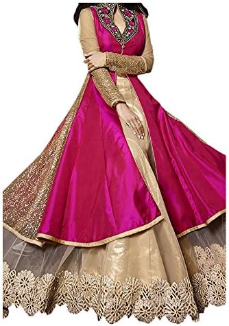 Ninecolours Bollywood Shilpa Shetty Raw Silk Party Wear Anarkali Suit In Pink and Beige Colour