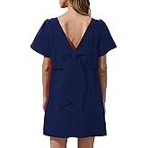 Kedera Women's Casual Mini Bow Crew Neck Short Sleeves Loose Dresses Swing Solid Shift Dress with Pockets