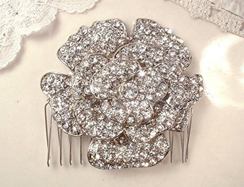 Crystal Rose Wedding Hair Comb, Silver Rhinestone Bridal Flower Hairpiece Accessory, Garden / Romantic Wedding, Vintage Inspired