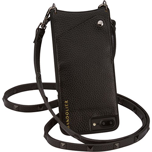 Bandolier [Sarah] Crossbody Phone Case and Wallet - Compatible with iPhone 8 Plus, 7 Plus, 6 Plus, 6s Plus - Black Leather with Pewter Accent