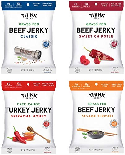 Think Jerky - Variety Pack, 100% Grass-Fed Beef Jerky and Free-Range Turkey Jerky, Low Calorie, Low Carb Snacks, Gluten-Free, Healthy, 2.20 Ounce (4 Count)