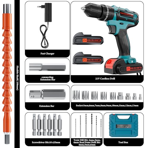 21V Cordless Drill with 2-Battery and Charger, Electric drill Set, Power Drill Cordless with 3/8 Inch Keyless Chuck, 25+ 3 Clutch,Work Light, Max torque 45Nm, 2-Variable Speed
