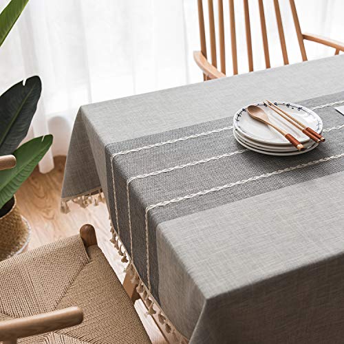 Tablecloth Rectangle,Fringed Lace, Thick, Cotton Linen, Wrinkle Free, Tassel Tablecloths Washable, Dining Table Cover for Kitchen Party,Modern,Classic,Vintage Style (Grey, 140x200cm(55x78.7inch))