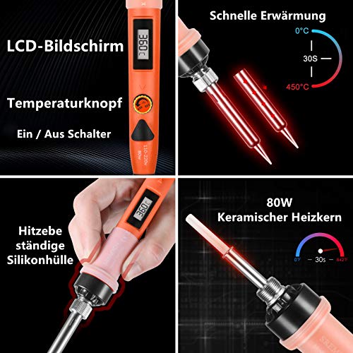 Lötkolben Set, SREMTCH 80W Lötkolben mit LCD Bildschirm(200 ° C - 450 ° C) 20in1 Lötset mit EIN/AUS-Schalter und Einstellbarer Temperaturknopf, Pro Schnell erhitzendes keramisches Thermostat Design – Bild 4