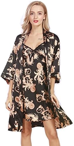 Daiwenwo Women Robe Gown Set Sleepwear Faux Silk Luxurious Ladies Summer Bath Robe Nightdress 2 Pcs Set Female Pajamas (XL, WP322-Black)