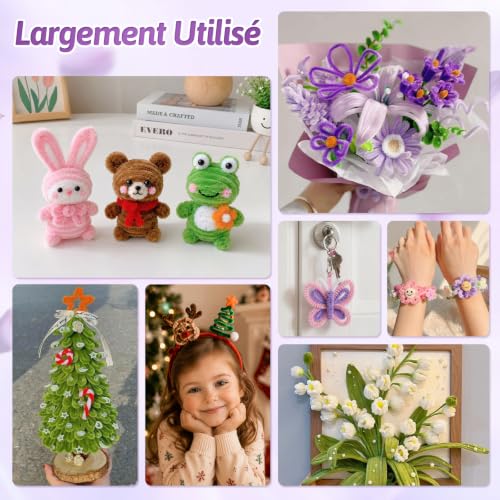 OneAmg 800 Pieces Chenille Thread 14 Colours Cure Pipe Crawler DIY Crafts Includes: Floral Tape, Artificial Stems, Decorative Tape, Beads, Pistils and Hot Glue Sticks | Pipe Cleaners Comprenant : Ruban Adhésif Floral, Tiges Artificielles, Ruban Décoratif, Perles, Pistils et Bâtons,Colle Chaude