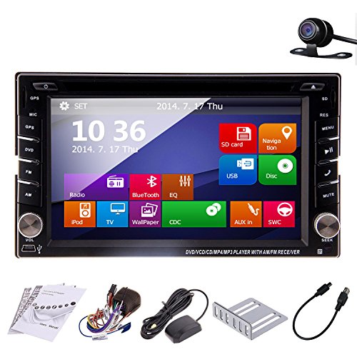 6.2-Inch Double-DIN In Dash Car Stereo Head Deck 3D UI Design Touchscreen LCD Monitor with DVD/CD/MP3/MP4/USB/SD/AM/FM/Handsfree Bluetooth GPS Navigation+Free Official GPS Map+Free Backup Rear Camera!