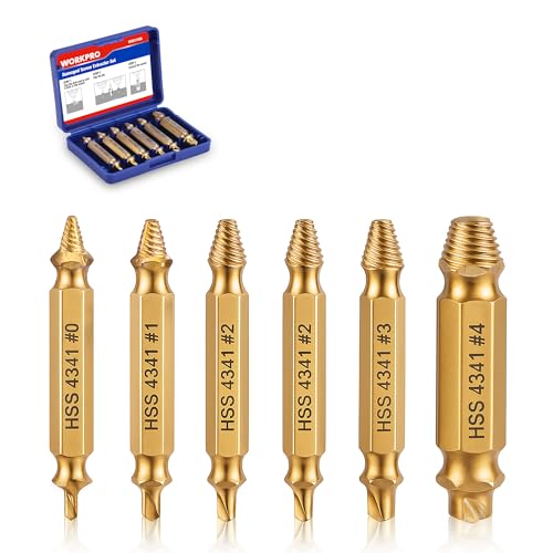 WORKPRO Juego de 6 Extractores de Tornillos Dañados Revestidos de Titanio, Removedores de Pernos Rotos para Tornillos de 2–13 mm con Estuche de Almacenaje