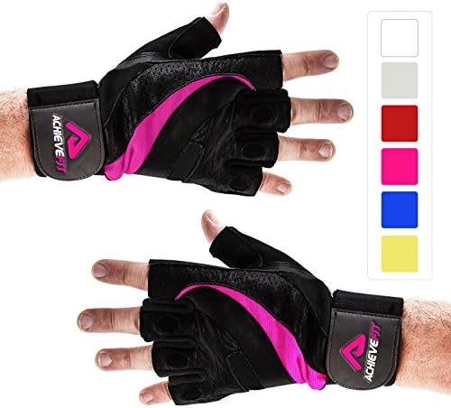 ACHIEVE FIT Weightlifting Gloves - Leather Palm for Fitness savvy Men & Women Firm Grip, Control & Comfort for Weight lifting, Crossfit Training, Gym Workout - Standard or With Wrist Wraps (PAIR)