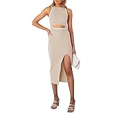 Pink Queen Women's Cutout Crew Neck Sleeveless Tank Slit Ribbed Bodycon Midi Dresses