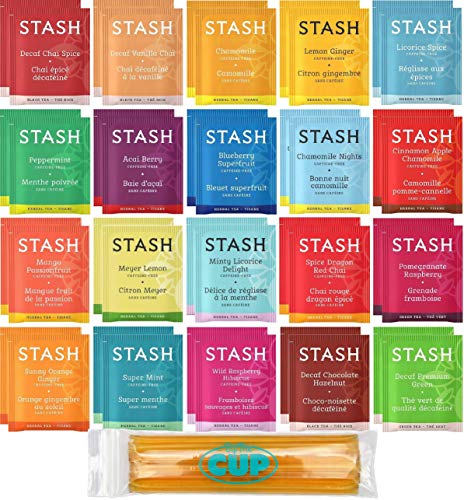 Stash Herbal & Decaf Tea Sampler - 40 Tea Bag, 20 Flavor Assortment - With By The Cup Honey Sticks