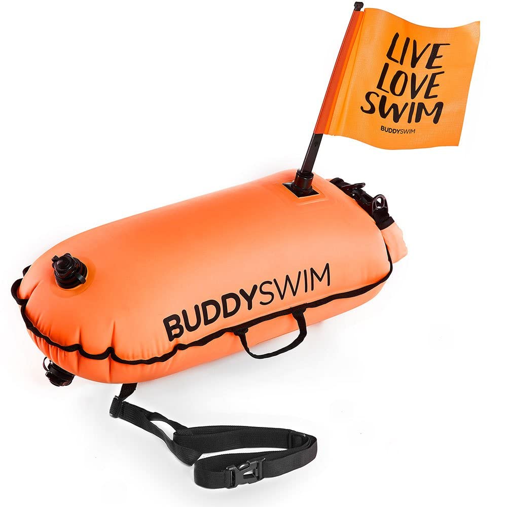 BUDDYSWIM Swim Buoy Dry Bag with Removable Extra Visibility Flag for Open Water Swimmers and Triathletes. High Visibility Float and Removable Flag to Increase Swimmer Visibility from Boats.