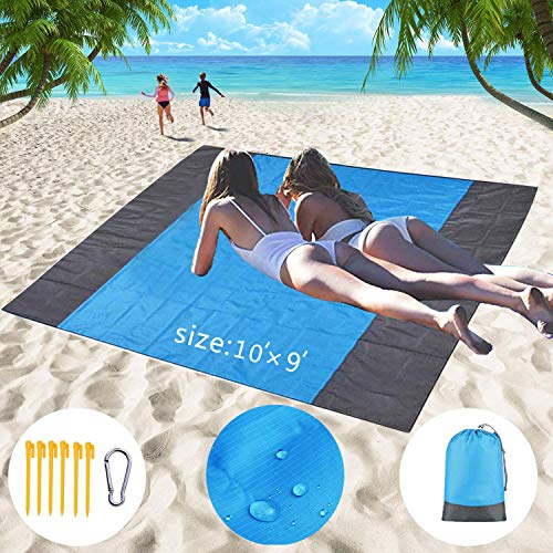 Smartideal Beach Blanket, Update Extra Large Oversized 10’X 9′ for 7 Adults Sand Free Beach Mat, with 6 Anchor Stakes, Compact, Lightweight Outdoor Family Mat for Beach, Caming, Hiking