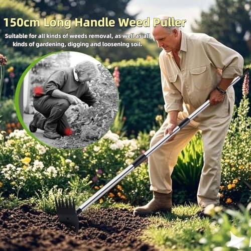 Weed Puller Tool with Long Handle, 2 in 1 Manual Weed Rake and Garden Hoe 150cm Weed Remover Gardening Tools Weeding Pull for Garden Yard Lawn Patio