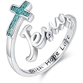 Faith Jesus Cross Ring S925 Sterling Silver Adjustable Open Rings Turquoise Cross Ring for Women Girls Faith Jewelry Gifts