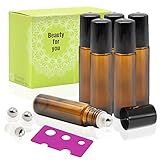 Pack of 6, 10ml Amber Glass Roll On Bottles With Stainless Steel Roller Ball for Essential Oil, Aromatherapy by Mavogel - 3 Extra Stainless Steel Ball and 1 Essential Oils Opener Included