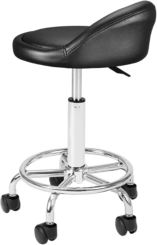 Taburete con Ruedas, Asiento Acolchado y Respaldo bajo de Piel sintética, Base con reposapiés de Acero Giratorio 360°, Altura Regulable, Ideal para esteticistas, Bares, cocinas, restaurantes — foto 3 de 8