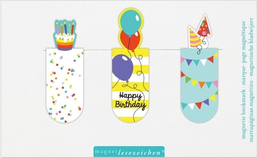 moses. 31128 Magnetic Bookmark Happy Birthday Set of 3 Magnetic Bookmarks Charming Illustrated