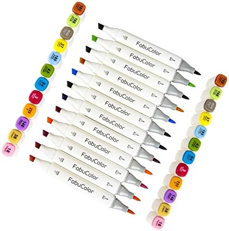 FabuColor - Alcohol Based Markers - Brush & Chisel Tip Art Set with Case - 12 Assorted Colors - Blendable Refillable Ink - Replaceable Nibs - Dual Sketch Broad or Fineline - Double Ended Permanent