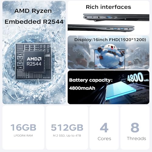 KAIGERR Light Gaming Laptop, ΑΜD Ryzen R2544 Processor, 16inch Laptop Computer with 16GB DDR4 512GB SSD, Windοws 11 Laptop with 1920P FHD Display, WiFi, USB3.2, Type_C