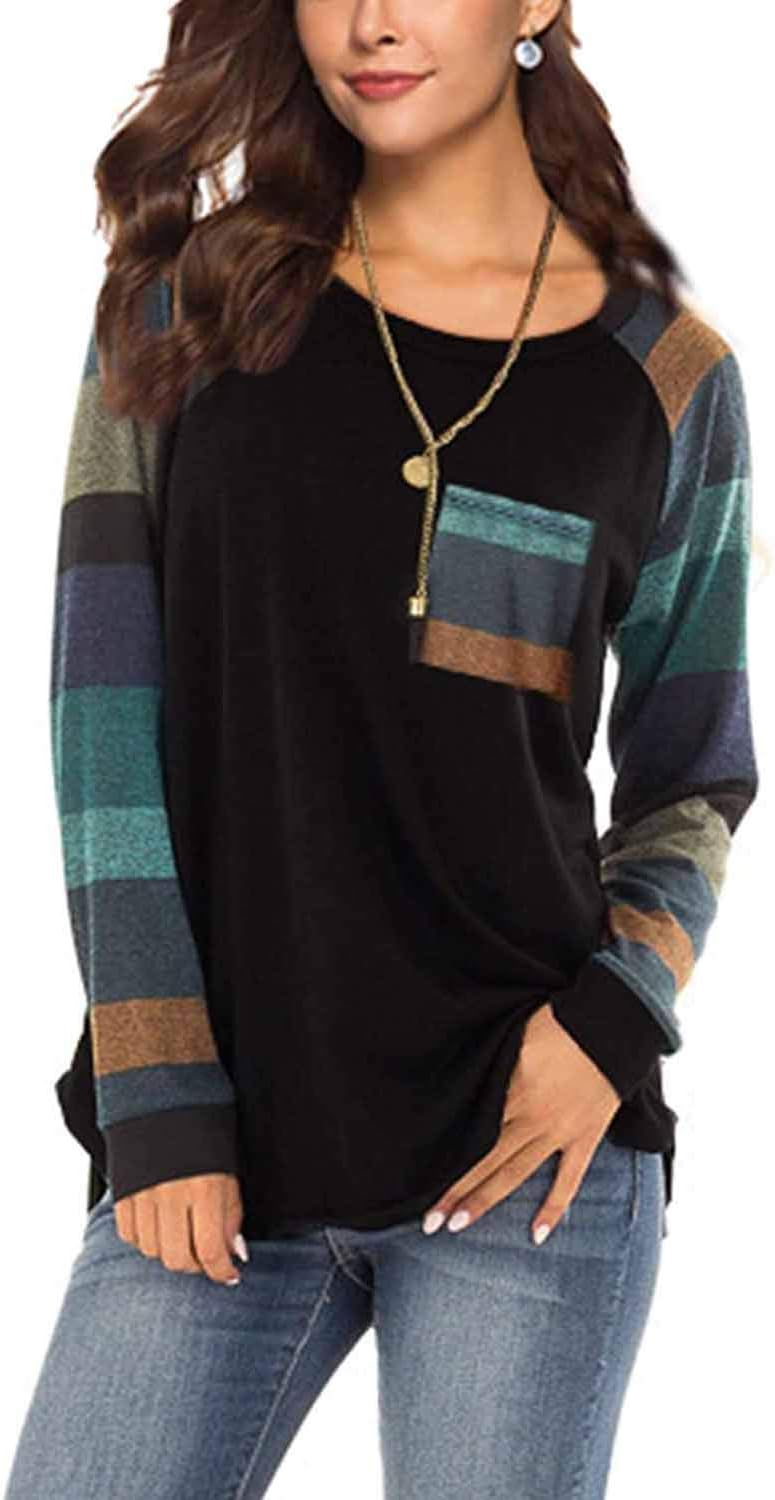 Womens T Shirt Long Sleeve Color Block Shirts Casual Tunic Tops Raglan Blouses