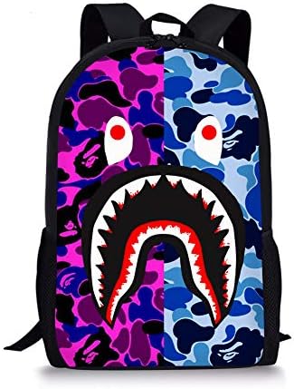 Sunmoonet Bape Shark Pattern Backpack, Lightweight Multi-Function College School Laptop Bookbag 17 Inches