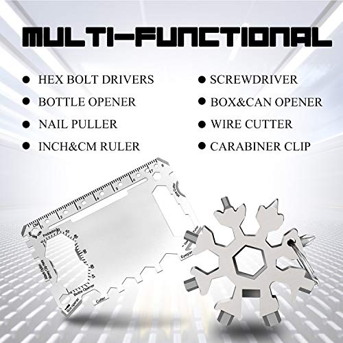 ATHLERIA 18-in-1 Snowflake Multi Tool Set - Stainless Steel Multitool Kit with Credit Card Tool, Carabiner - Pocket Multifunctional Gadgets for Outdoor Camping (Silver)