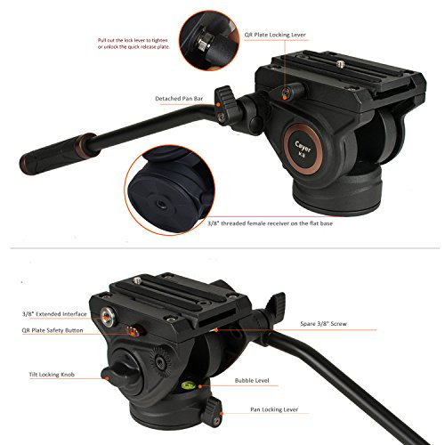 Cayer K3 Fluid Drag Pan Head for Video Tripod Monopod with 1/4 and 3/8 inches Screws Sliding Plate for DSLR Cameras Video Camcorders Shooting Filming, Max Loading 13.2LB