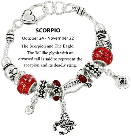 Zodiac Charm Bracelet Slide Metal Murano Beads Silvertone Scorpio