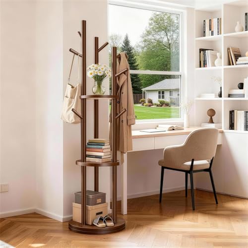 Solid Wood Rotary Coat Rack Freestanding with 3 Storage Shelves & 9 Hooks, Coat Tree for Entryway, Livingroom, Bedroom, Coat Hanger Stand for Coats, Scarves, Handbags, Hat