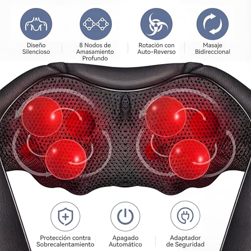 Masajeador Cervical y Espalda con Calor, Masajeador Cervical Shiatsu 16 Cabezales 3D, 3 Modos Masaje Profundo Rotación y Masaje de Amasamiento Shiatsu Intensidad Ajustable, Regalo para Oficina y Hogar