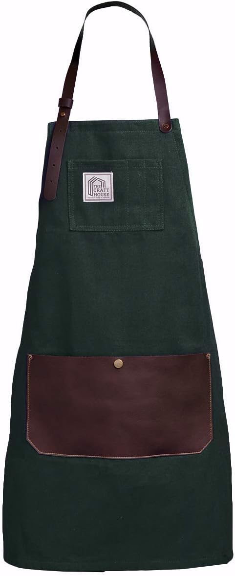 Aprons For Men And Women With Leather Pocket - Chef Kitchen Canvas Hairstylist Apron - Moss Green