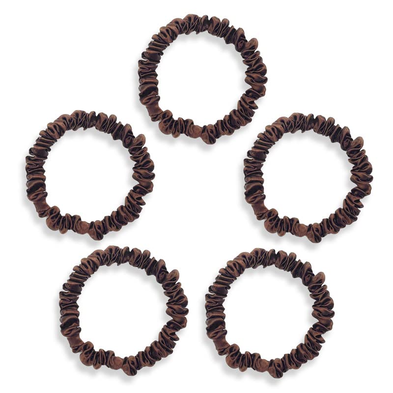 Townssilk Silk Skinnie Scrunchies 100% Pure 22 Momme Mulberry Silk Hair ties for Women Hair bands Friendly Luxurious Elastic Hair bands Set 5pc brown
